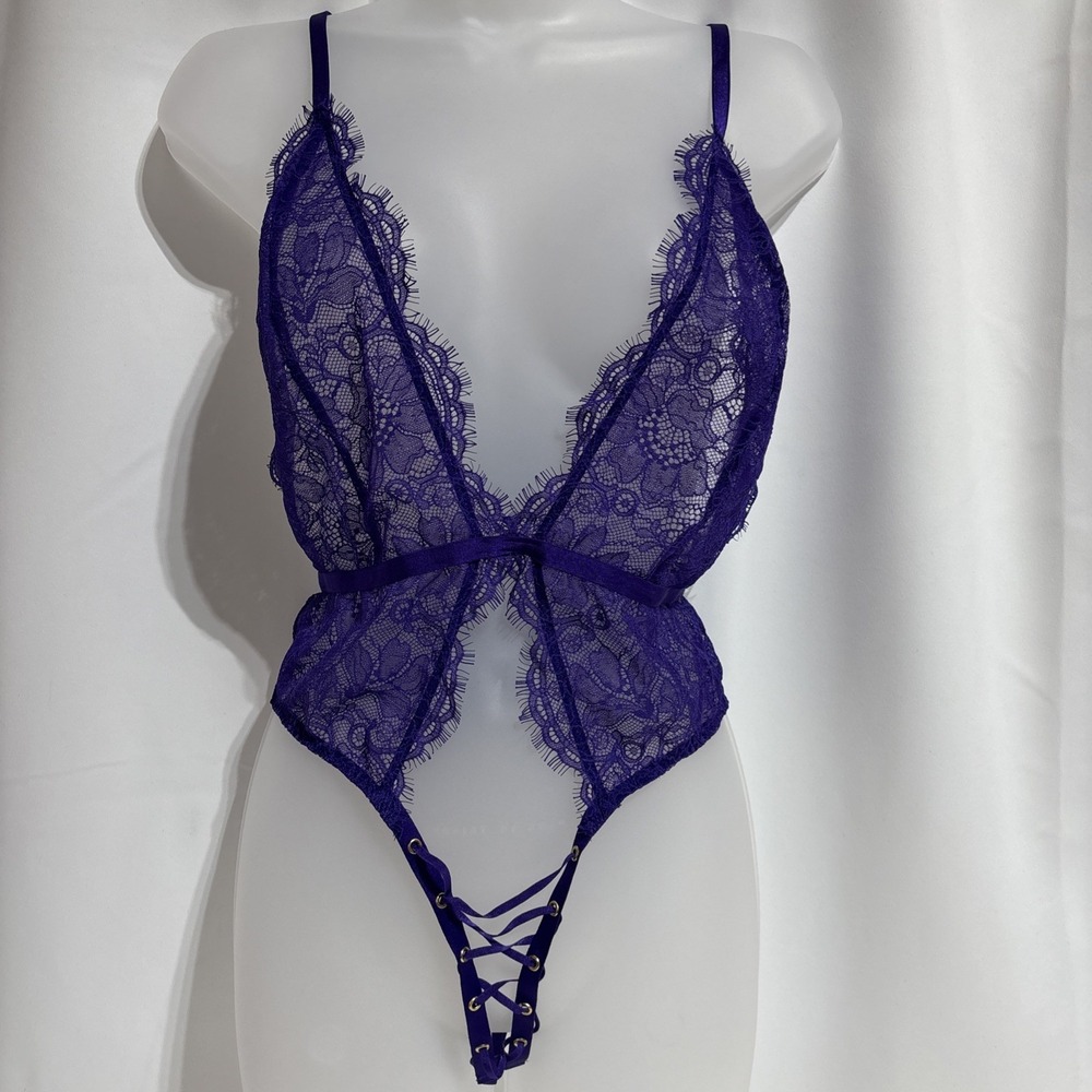 Victoria's Secret Purple Lacie Lace-Up Crotchless Teddy Adjustable Straps Large